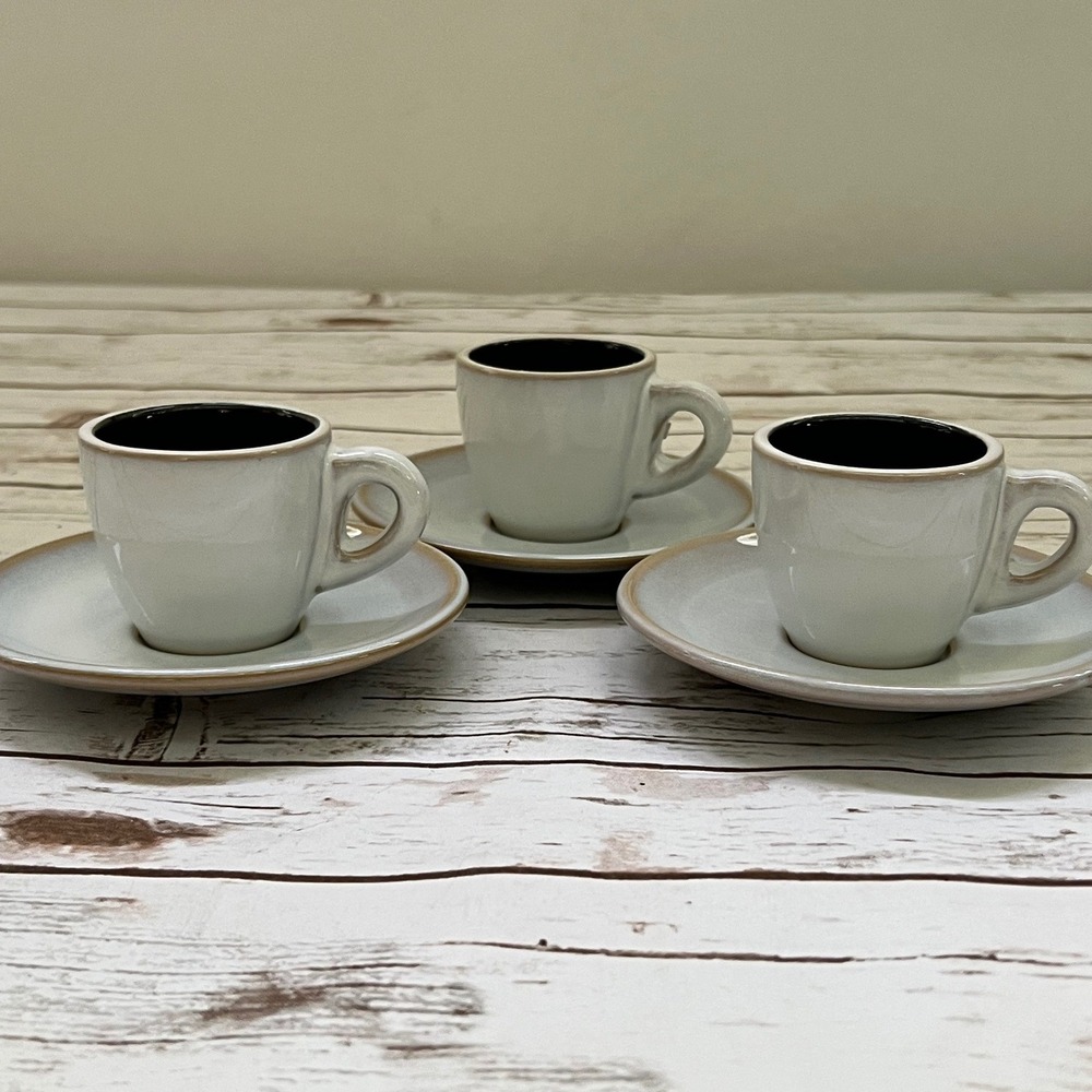 KIVY Preowned Espresso Cup and Saucer Set White Brown Rustic Ceramic 3 Sets‎